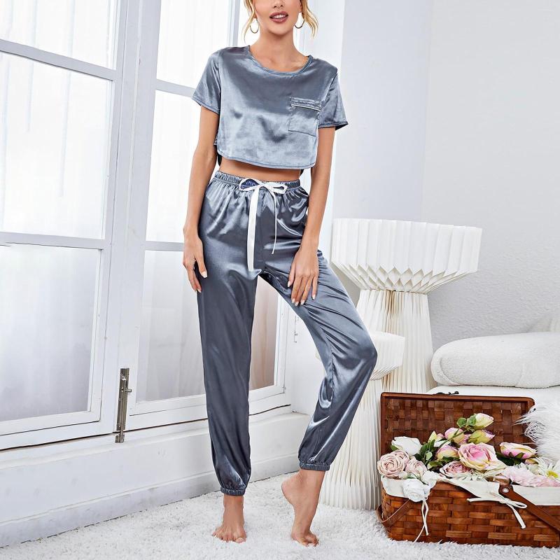 

Women' Sleepwear Women' Satin Silky Pajama Set Short Sleeve T Shirt With Long Pant Soft Loungewear Fleece