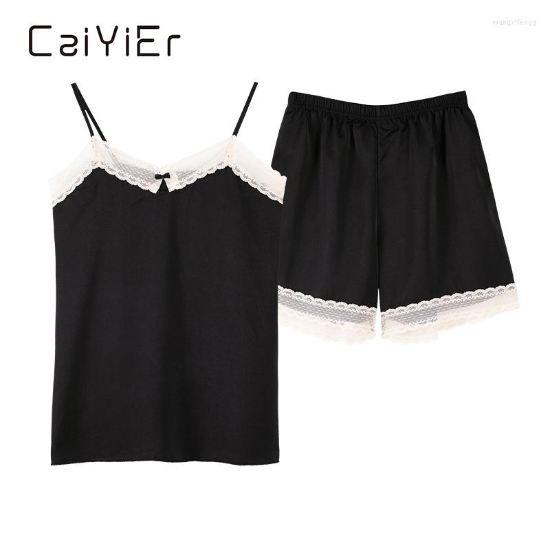 

Women's Sleepwear CAIYIER Lace Women Pajamas Set Silk Satin Cami Top And Shorts Summer V-Neck Nightwear Female Big Size Homewear -3XL, Green