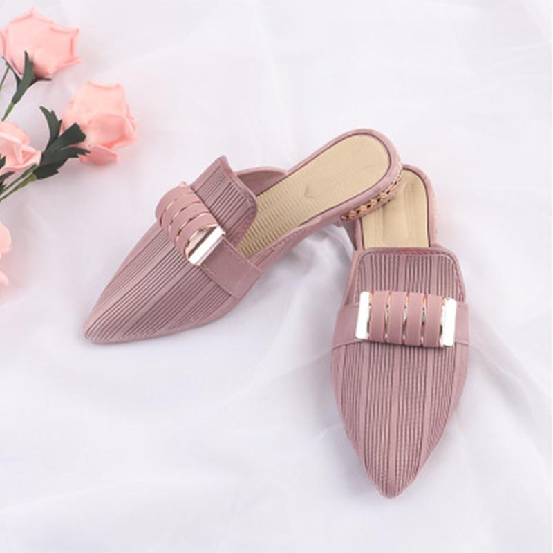 

Slippers Woman Classic Metal Slides Female Fashion Pointed Toe Casual Indoor Shoes Ladies Solid Pleated Footwear Women 2023, White
