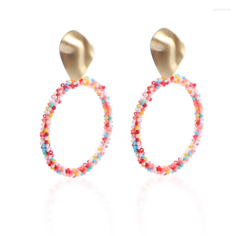 

Stud Earrings Rice Bead Circles Wrapped Simplicity Hand-woven Trendy Fashion Bohemian Alloy Women Beaded