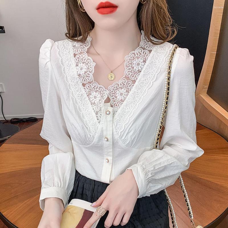 

Women' Blouses Sexy Deep V Lace Womans Spring Autumn White Purple Chiffon Shirt French Loose Casuao Sweet Female Top Women Clothes