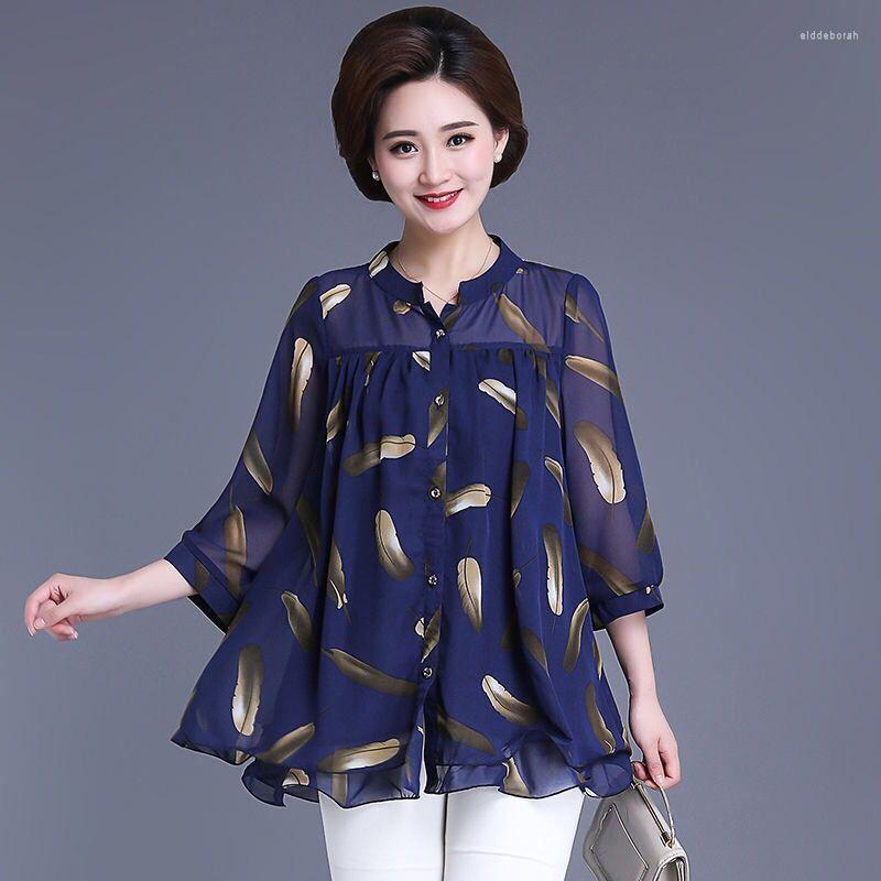 

Women's Blouses & Shirts Summer Middle Aged Women Three Quarter Sleeve Fashion Chiffon Blouse Tops Female Flower Print 4xl Shirt W20Women's