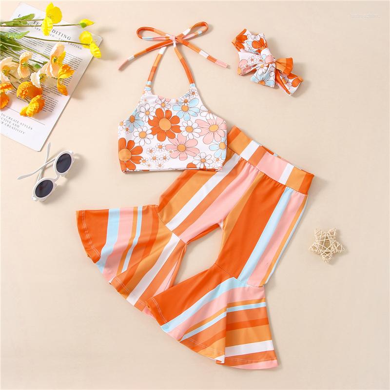 

Clothing Sets Girl Summer Clothes 3 Piece Outfits Flower Print Halter Camisole Striped Flare Pants Bow Headband Children Suit, Picture shown