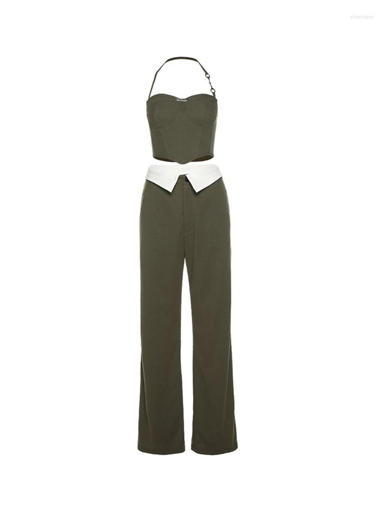 

Women' Two Piece Pants 2023 Spring Women Vintage Green Color Set Irregular Tunic Strapless Vest High Waist Roll Up Hem Wide Leg, Military green