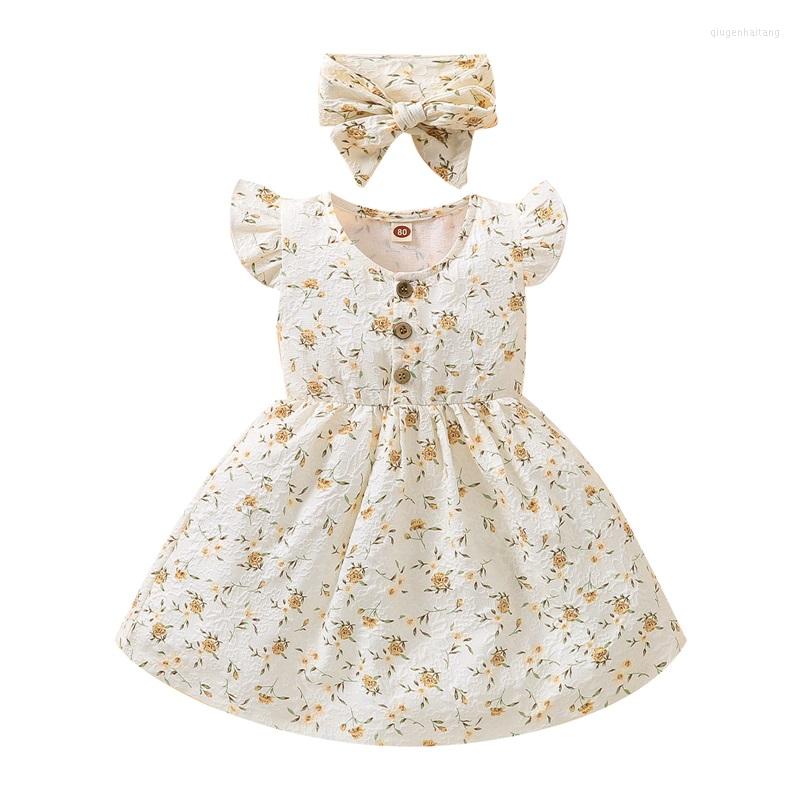

Girl Dresses Baby Girls 2Pcs Summer Outfits Cute Floral Print Button Front Sleeve Dress Headband Set, Blue