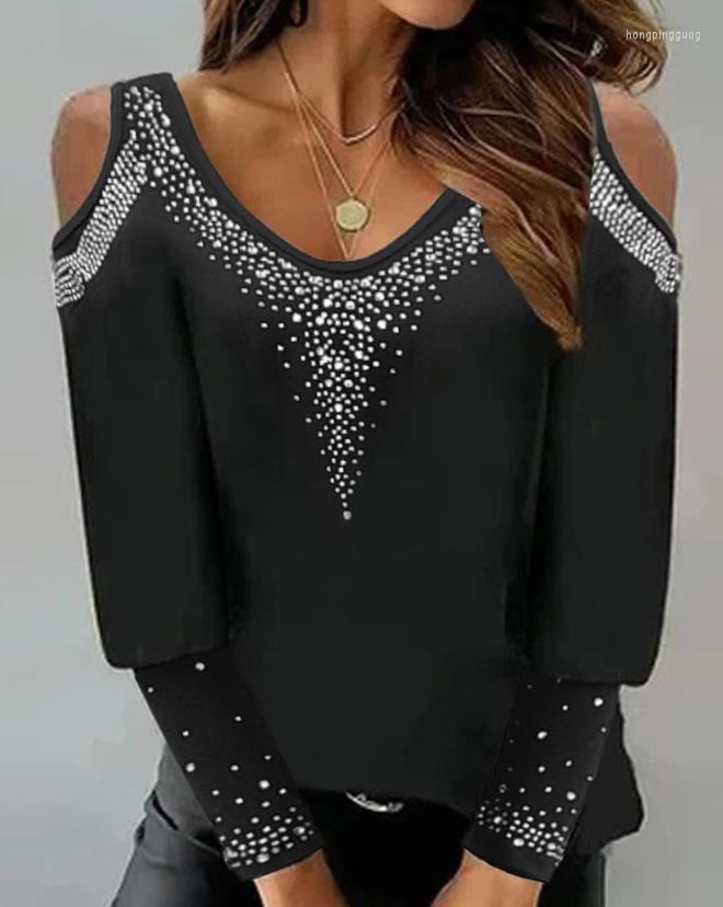 

Women' T Shirts Top For Women Rhinestone Decor Cold Shoulder Fashion Women' Clothing Casual Tee Plain Daily T-Shirt