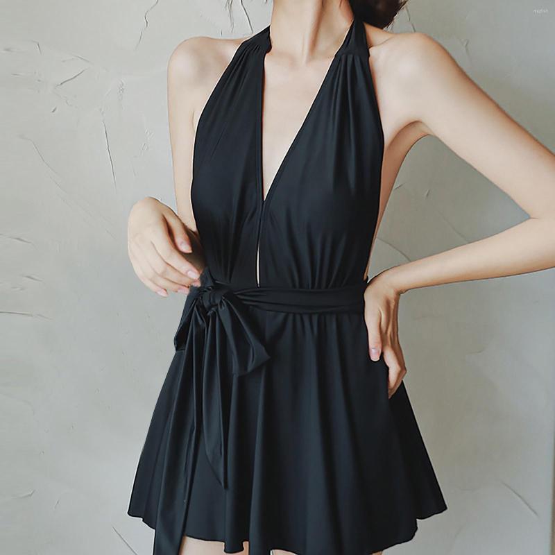 

Women's Swimwear Women Fashionable Sexy V Neck Backless Solid Color Beach For Sports Swimsuit Female Bathing Suit Padded, Black