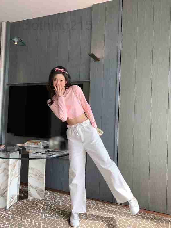 

Women's Two Piece Pants Designer Early Spring Simple Versatile Slim Contrast Blossom Waist Denim Wide Leg 6DJ1, White5