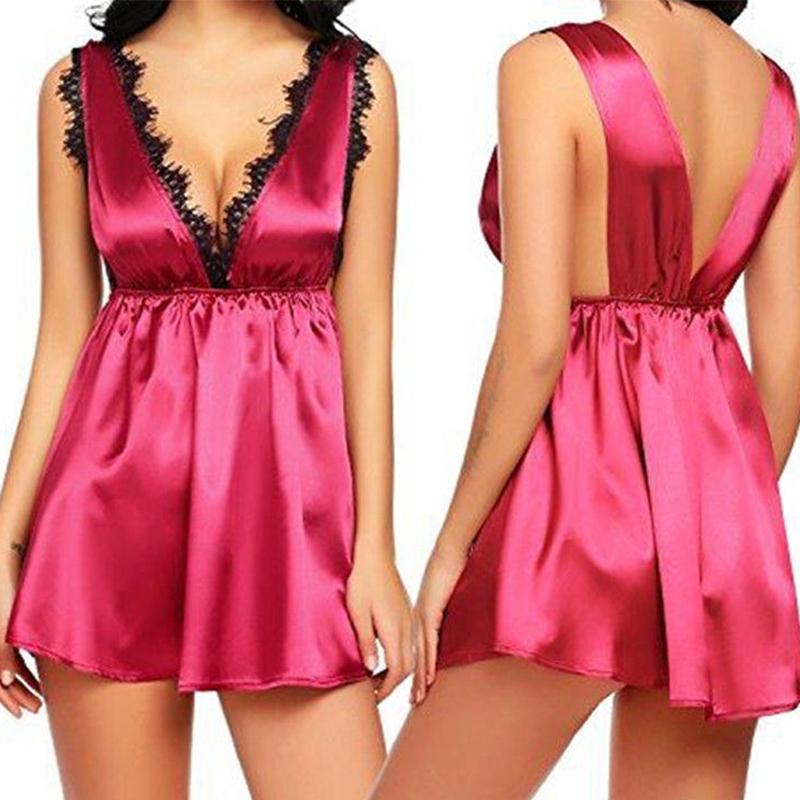 

Bras Sets Plus Size Sexy Lingerie Women Nightdress Satin Deep V-Neck Lace Sleepwear Bride Temptation Home ServiceBras