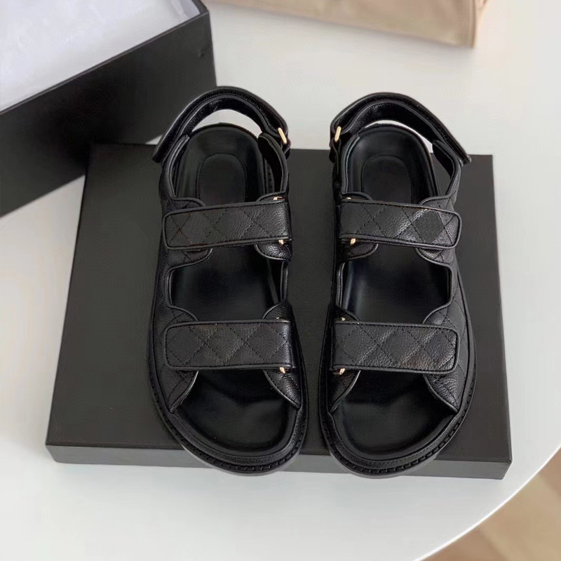

621s Sandals women dad sandals Real leather Top quality designer sandals luxury camellia summer spring grandad sandals quilted Buckle caviar 35-42, 11 round. white logo