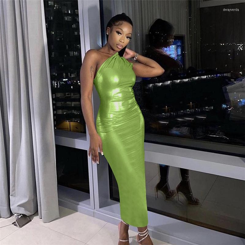 

Casual Dresses Silky Solid Maxi Party Dress Women Sexy Inclined Shoulder Sleeveless Simple Bodycon Club Vestidos Y2K Clothes Birthday, Black