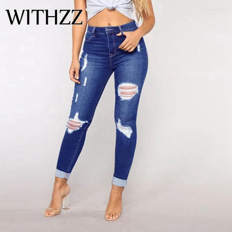

Women' Jeans WITHZZ Women Trousers Denim Pencil Pants Ripped Hole Scratched Bleached Casual High Waist Female, Dark blue