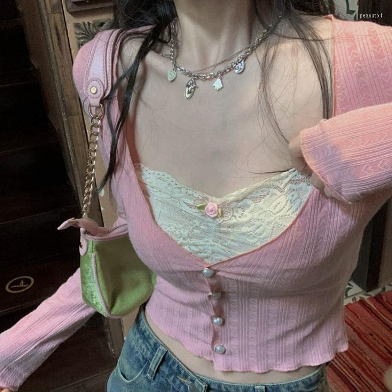 

Women' T Shirts Y2k Woman T-shirts Lace Patchwork Button Ladies Top Long Sleeve Female Shirt Korean Style Tshirt Solid V-Neck Tee 2023, Pink