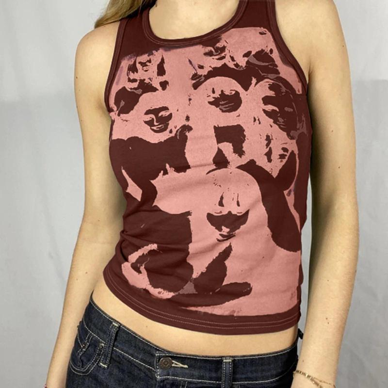 

Women' Tanks Y2K Clothes Women' Round Neck Summer Sexy Tops Beachwear Skinny Camis Female Sleeveless Printed Casual Vest T Shirt, Rd