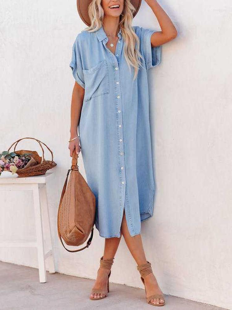 

Casual Dresses Women Denim Blouse Dress Summer Turn Down Collar Short Sleeve Pocket Blue Loose Long Shirt OUPMH-1907, Picture