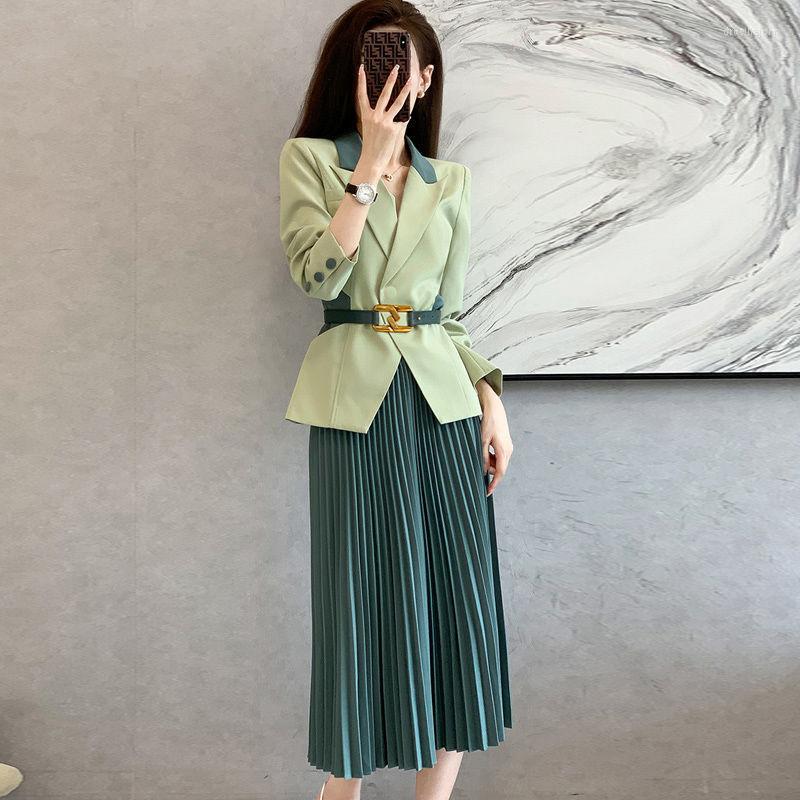 

Work Dresses Woman Solid Jacket And High Waist Pleated Skirt Female Two-piece Suit Ladies Fashion Elegant Blazers Coat Dress Set Outfits, Green