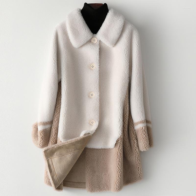 

Women's Fur Autumn Sheep Shearing Medium Length Coat Fashion Long Wool Women's Winter Patchwork Blends Casual Jackets, White