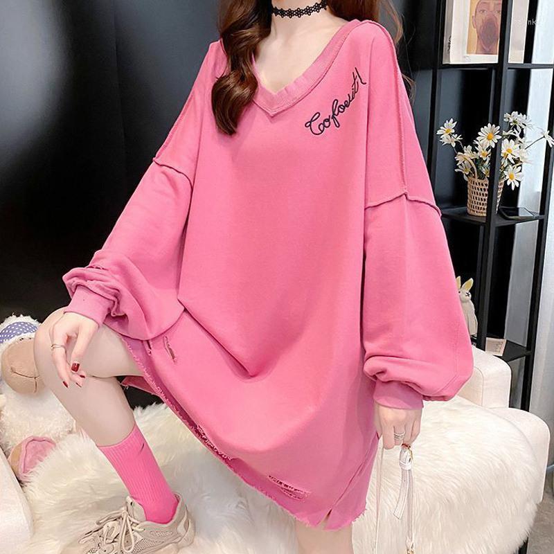 

Women's Hoodies Autumn V Neck Hole Letters Oversized Streetwear Cotton Female Sweatshirt Casual Loose Long Sleeve Pullovers Tops Women, Gray
