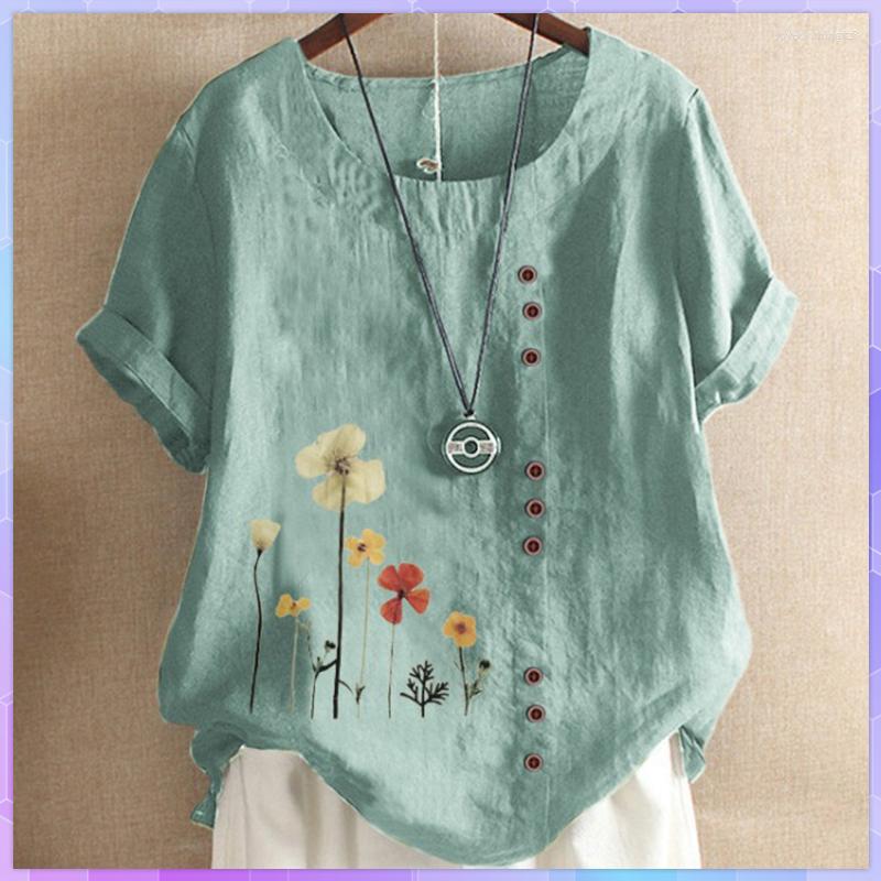 

Women's T Shirts T-shirt Woman Clothing Summer Office Lady Large Size Tunic Tops 2023 Casual Short Sleeve Floral Print Cotton Tee Camiseta, 1pc blue