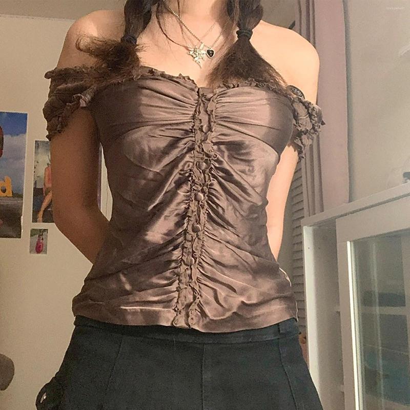 

Women' T Shirts Woman' Fashion Casual Solid Colors Y2k Off Shoulder T-Shirt Pleated Lace Short Sleeve Slim Top Vintage Streetwear, Auburn