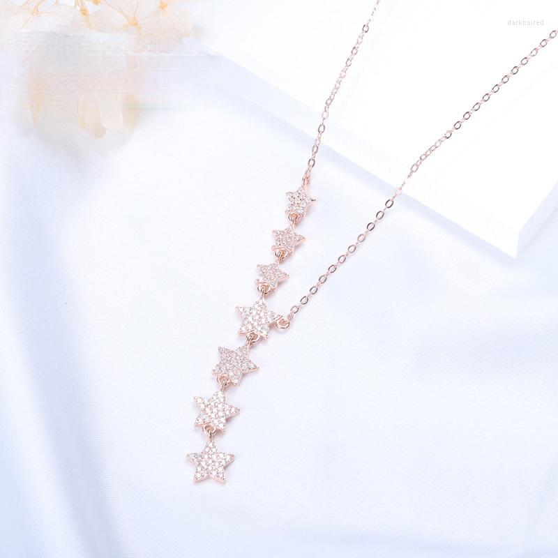 

Chains Sterling Silver Color Necklace With Micro Inlaid Pentagram Pendant Tassel Long Fashion Clavicle Chain