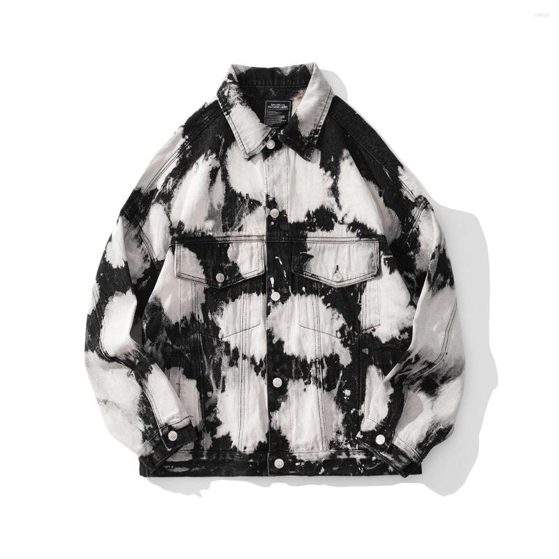 

Men's Jackets Tied Dyed Block Denim Jacket Loose Print Single Breasted High Street Dark Men And Women Fashion, Black
