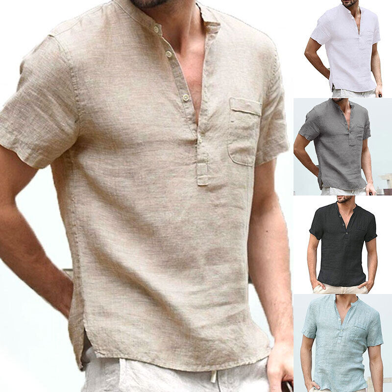 

Mens Loose T-shirt Workwear Pocket Basic Heavyweight Jersey Button-Up Top Tee, Green
