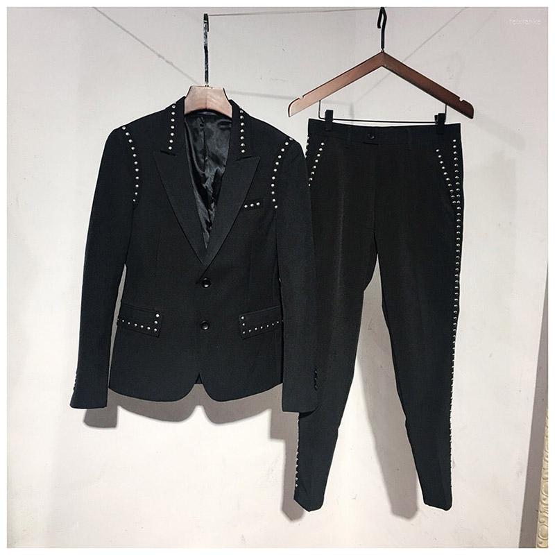 

Men's Suits Men British Rivet Suit Jacket Pants 2PCS Hair Stylist Slim Blazer Set Nightclub Bar Male Singer Stage Costume Outfits Fashion, Black