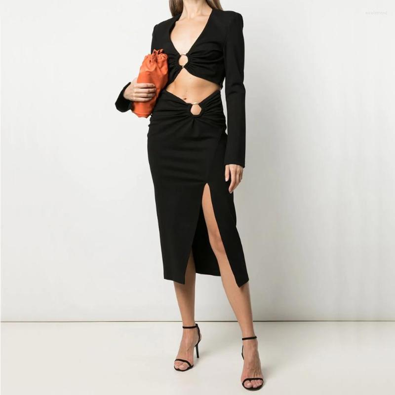 

Skirts AU Designer Easy Chic Black/Khaki Metal Hoop Decorate High Slit-Side Midi Knit Skirt Elegant Sexy Shirring Wrap Ribbed Date Gown
