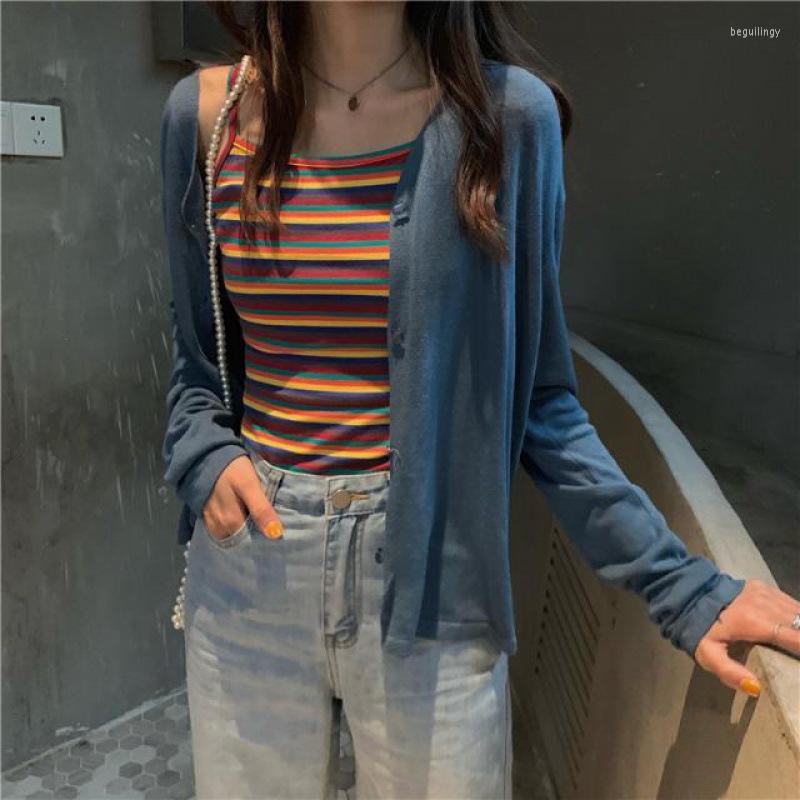 

Women's Knits Korean Version Knitted Cardigans Women V Neck Thin Outwear All-match Long Sleeves Sunscreen Shirt, Navy blue