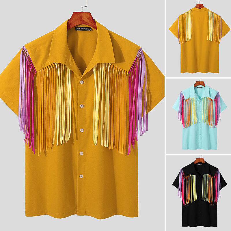 

Mens Short Sleeve Vintage Tassel Shirt Hippie Ethnic Party Stage Blouse Tee Tops, Blue