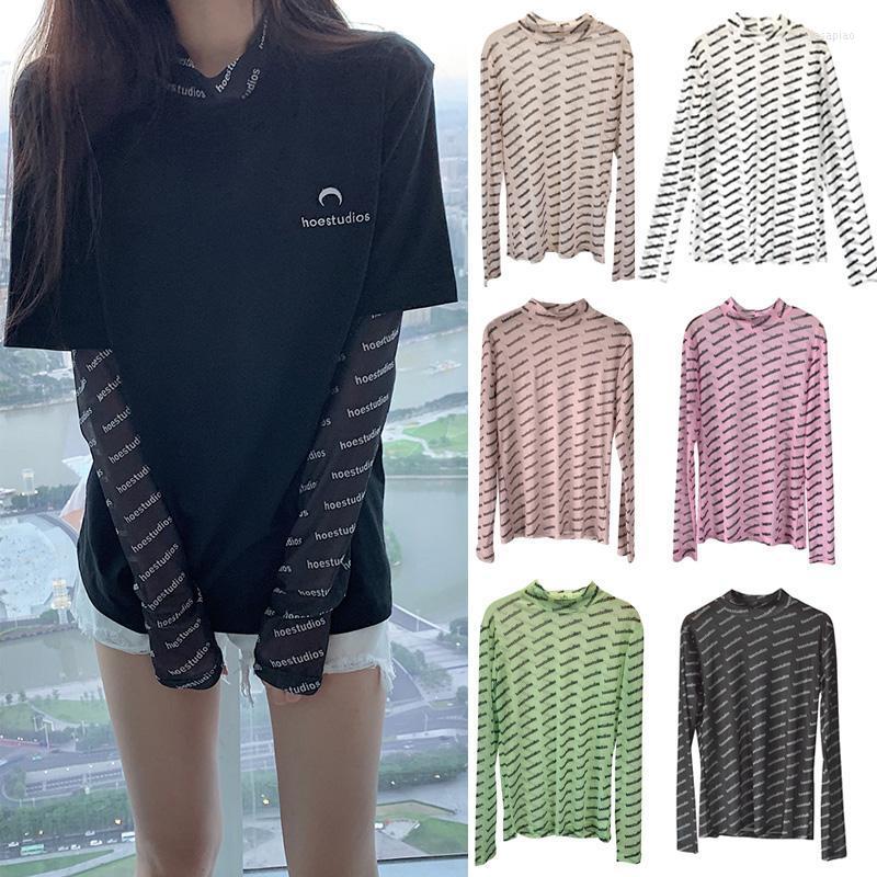 

Women' T Shirts Thin 2023 Summer Women' Long Sleeve Tees Sunscreen Clothing Letter Print Elastics Gauze Transparent Korean Fashion, White letter