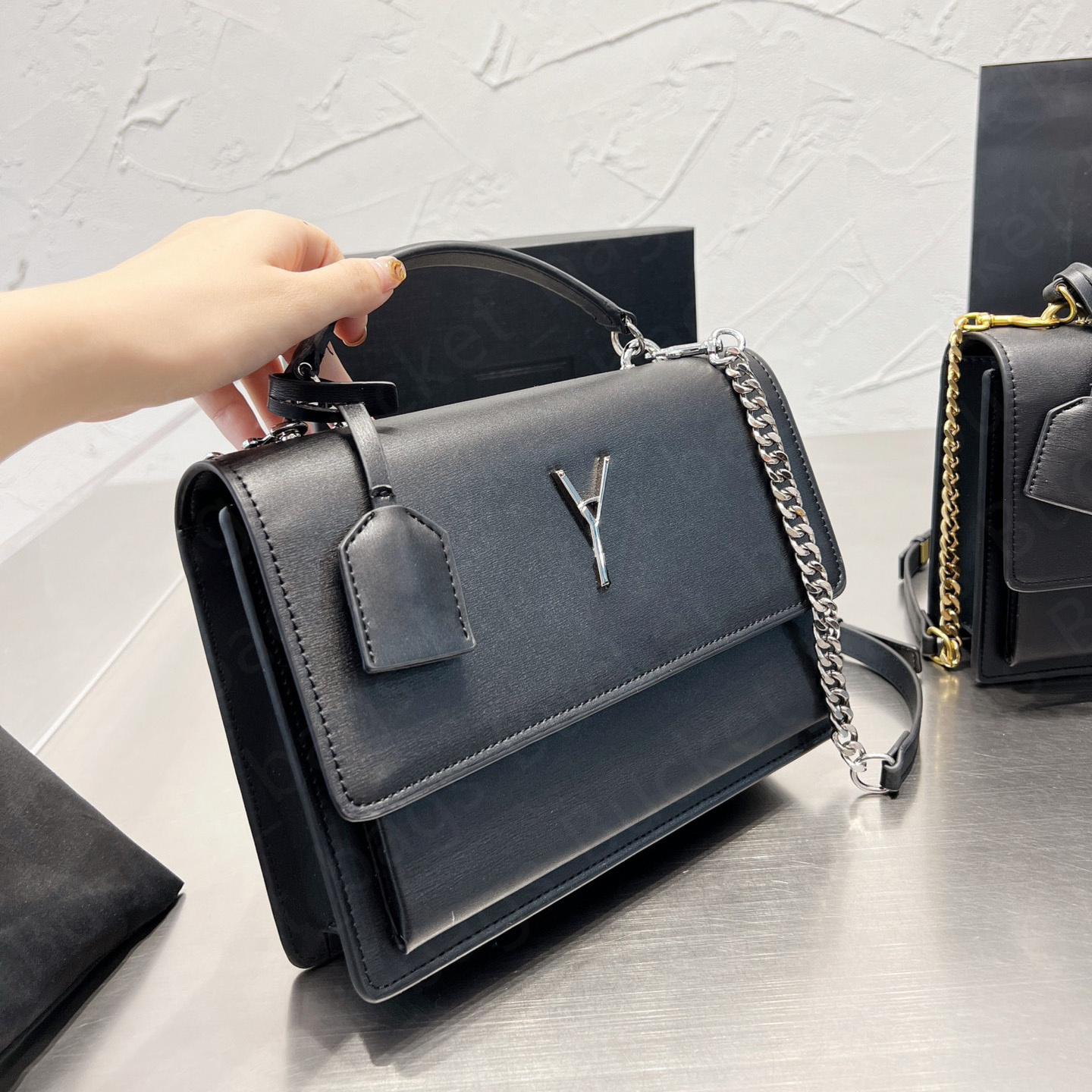 

Sunset Cross Body Bags Leather Shoulder Bag Designer Women Chain Handbags Fashion Wallet Purse with tag Dust Bag BOX, Kahki