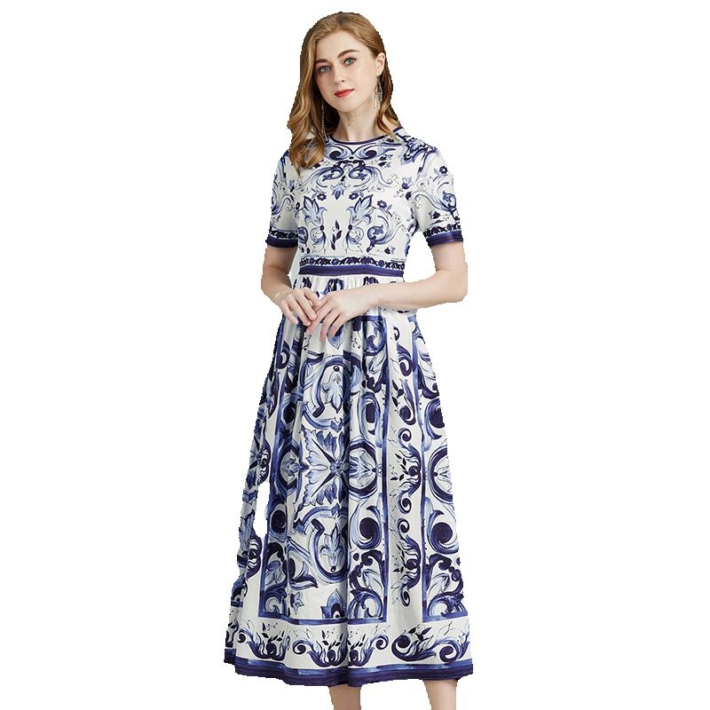 

2023 Paisley Print Summer Midi Dress Women Designer Short Sleeve Fine Elegant Vacation Loose Big Swing Dresses Vintage Robe Ladies Round Neck Slim A-Line Party Frocks, Blue