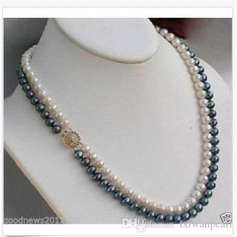Beaded Necklaces Double Strands 8-9mm Natural South Sea Black&White Pearl Necklace 18" 14k-image-435715107