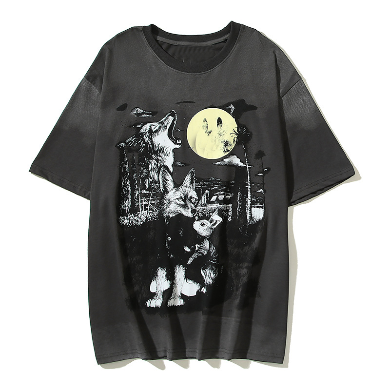 

Tees T Shirts Vintage Gey Short Sleeve Wolf Print Men's Plus Tee T-shirt Top, Gray