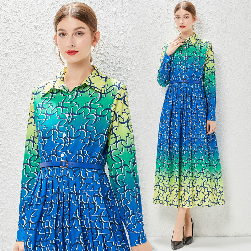 

2023 Print Lapel Shirt Midi Dress Women Designer Boho Long Sleeve Dresses Spring Autumn Vacation Sweet Elegant Robe Ladies Fashion Hit Color Slim A-Line Party Frocks