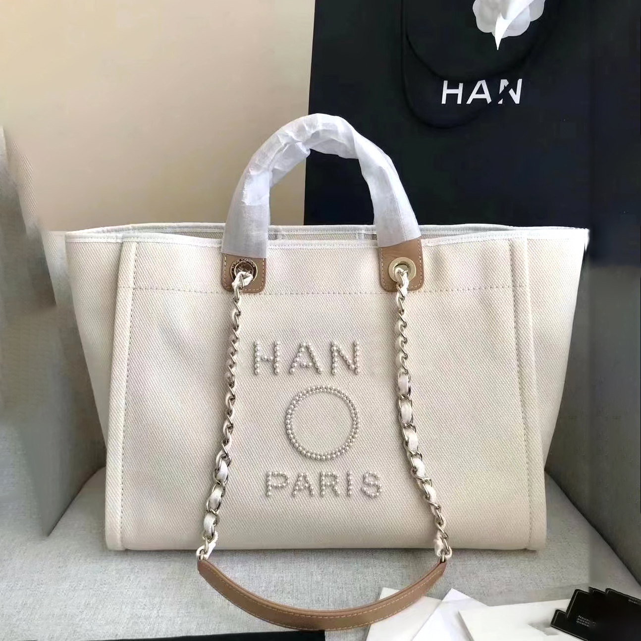 

7a Designer large deauville tote Beach Bags Luxury handbag purse Shop travel Shoulder cc Bag Women's mens pearl chain bag channel fashion crossbody weekend clutch bag, New blue
