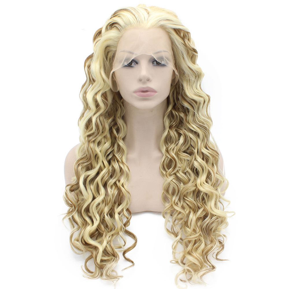 

26" Extra Long Blonde Curly Wig Heat Friendly Synthetic Hair Lace Front Wig, Mix color
