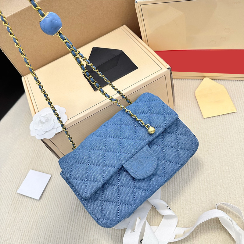 

CC Bag Shoulder Bags 22C Womens Classic Mini Flap Denim Bags Quilted Pearl Crush Good Ball Purse Gold Metal Hardware Matelasse Chain Crossbo, Box