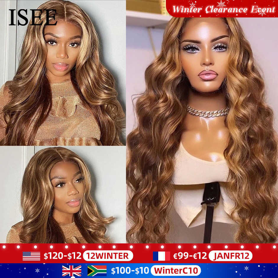 

Brazilian Highlight Human Hair Wigs Body Wave Lace Frontal Wigs For Women 4/27 Colored Lace Closure Wigs ISEE Hair Young Series, Medium brown