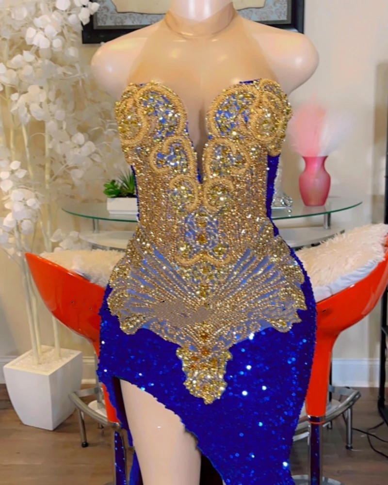 2023 Sexy Blackless Mermaid Prom Dresses Royal Blue Sequins Gold Beads Plus Size Formal Evening Occaison Gowns Robe De Soiree