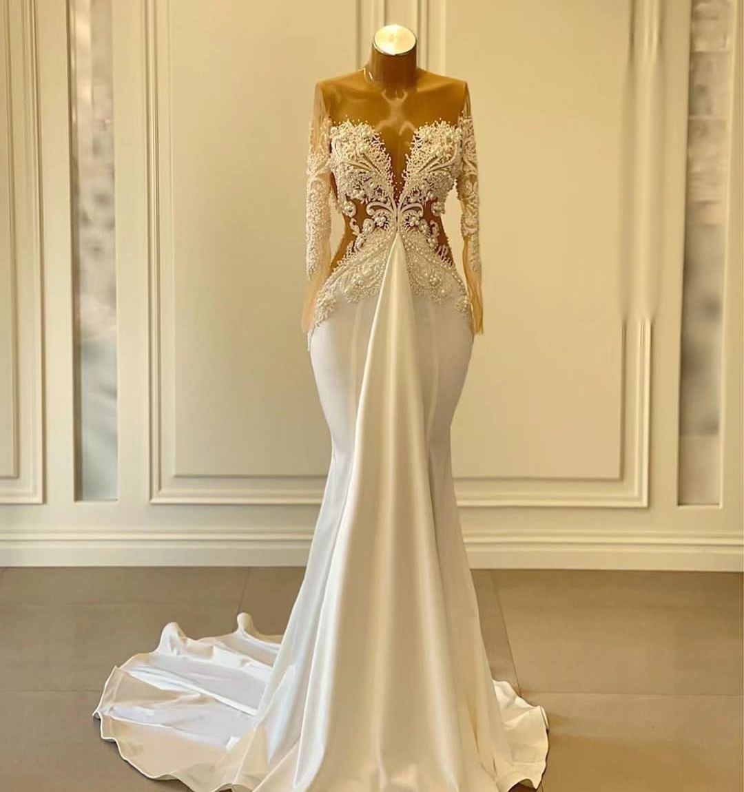 Exquisite Mermaid Wedding Dresses Long Sleeves V Neck Satin Pearls Appliques Diamonds Sequins Beaded Floor Length Plus Size Elegant Bridal Gowns abi