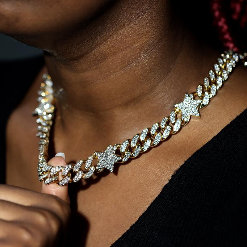 

Chains Fashion Bling Star Crystal Cuban Link Chain Necklace For Women Iced Out Rhinestone Chunky Choker Hip Hop JewelryChains