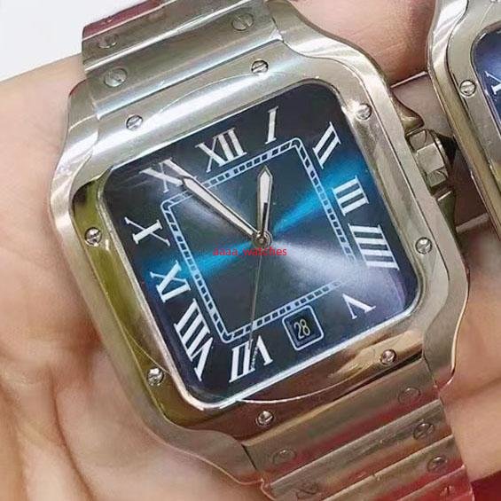 

Square Watches 40mm / 35mm Blue Stainless Steel Mechanical Watches Case and Bracelet Fashion Mens Male Wristwatch 182, Box