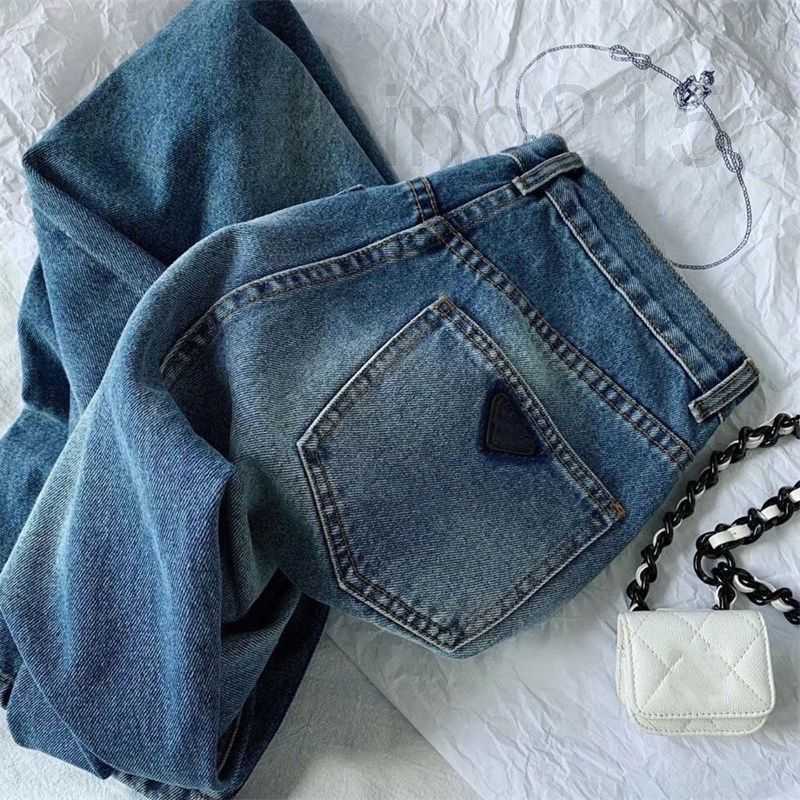 

Women' Jeans Designer With Triangle Label Jean Pant Straight Leg Pants Classic Back Pocket emale Trousers Multi-size Spring Autumn QHAB, Blue