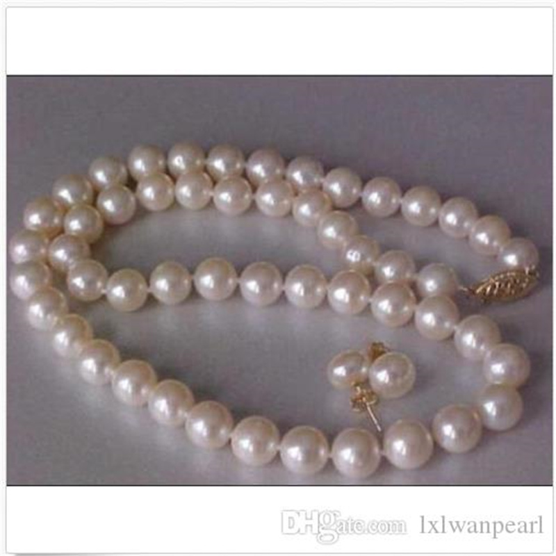 Beaded Necklaces 18"NATURAL 9-10MM AKOYA WHITE PEARL NECKLACE EARRING SET 14k YELLOW GOLD-image-435979886