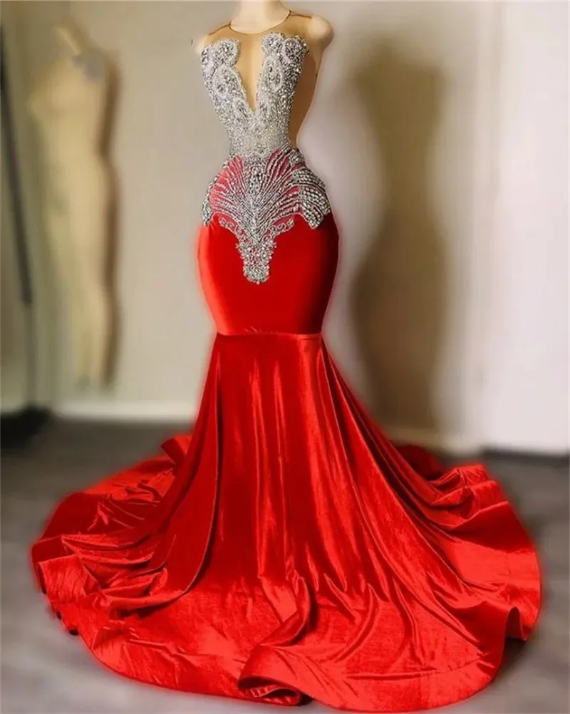 

Sparkly Red Velvet Mermaid Prom Dress 2023 Beading Sheer Neck Plus Size Formal Graduation Party Dress Robe De Bal, Silver