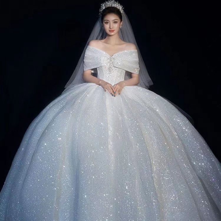 Nouvelles perles robes de bal robes de mariée cristal hors de l'épaule chérie dentelle robe blanche pour les mariées robes de mariée bouffantes l