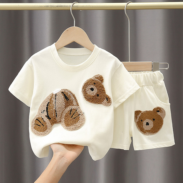 

2pcs Children Summer Cotton Clothing Set Baby Boys Girls Short Sleeve T-shirt Shorts Set Fashion Baby Clothes Suit 0-4 Years, Beige